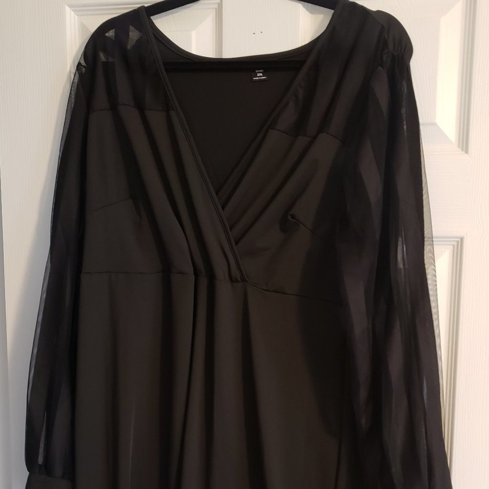Shein Curve Black Dress with Sheer Striped Sleeves 2